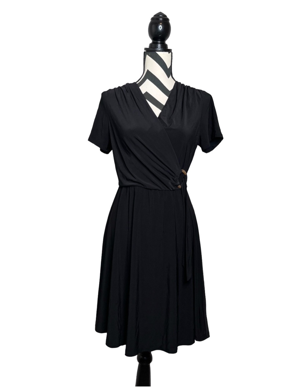Y2K Slinky Jersey Knit V-Neck Short-Sleeve Flowy Faux Wrap Dress Sz L